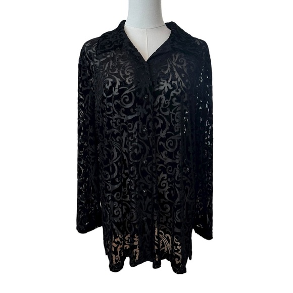 Women's XL Black Burnout Velvet Whimsical Goth Collared Button-Up Sheer Blouse - Picture 1 of 7
